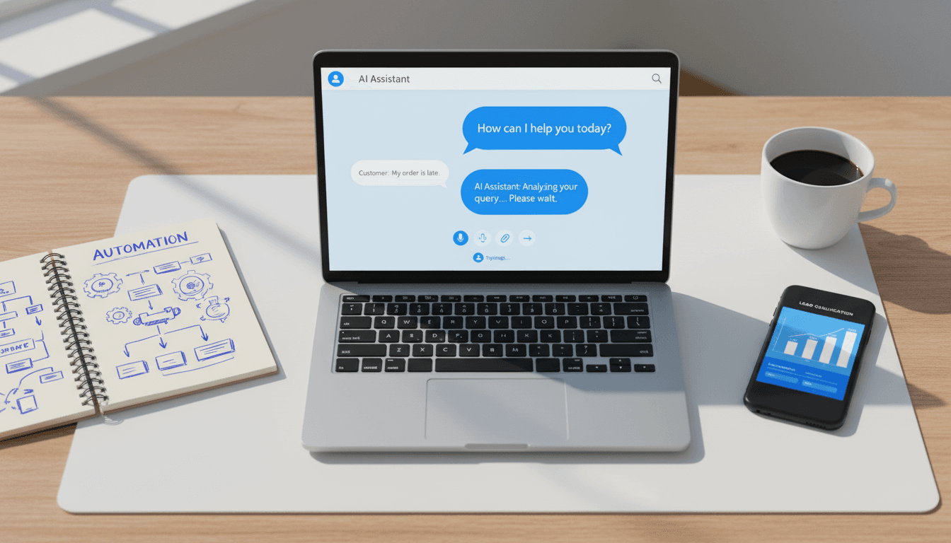 Laptop mostrando interfaz de chatbot IA con conversaciones automáticas en tiempo real