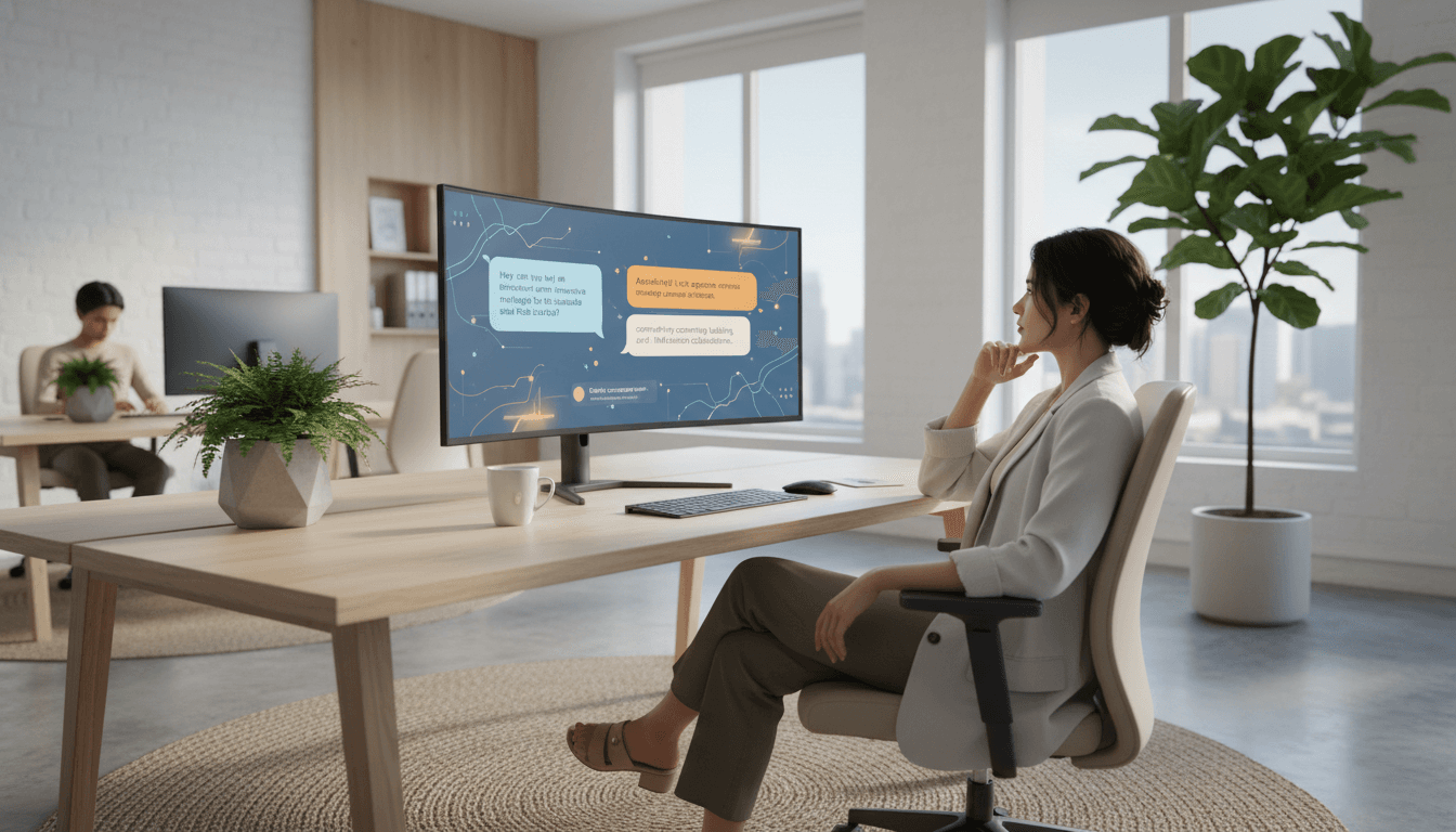 Profesional en oficina moderna trabajando con interfaz de agentes IA en computadora