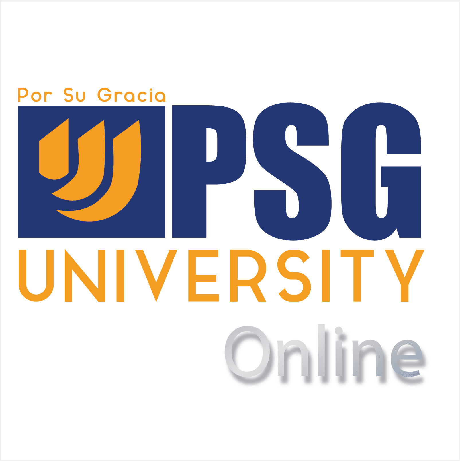 Logo de PSG University Online en azul y naranja con el lema Por Su Gracia.