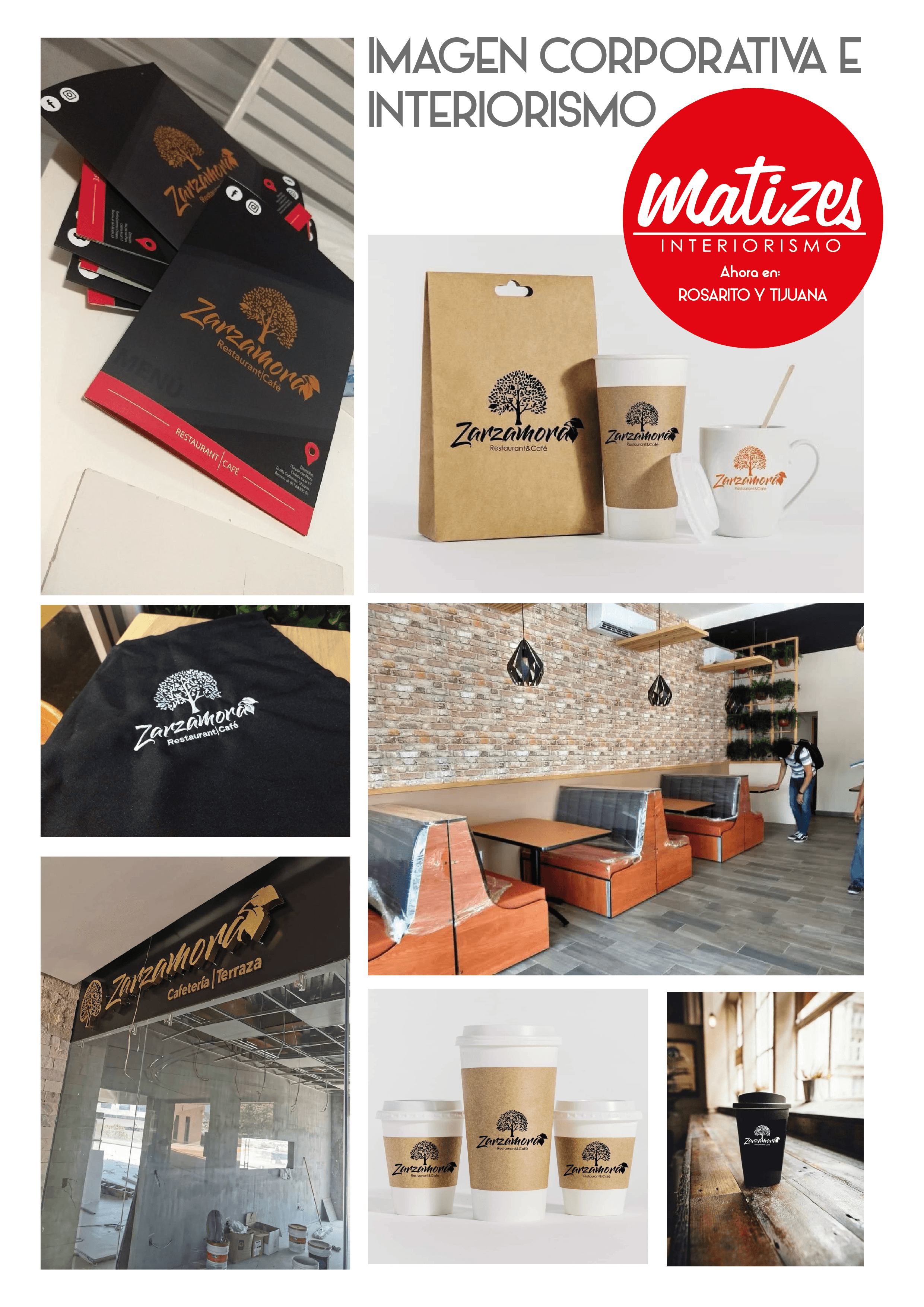 Branding y diseño de interiores para Zarzamora, con menús, empaques, uniformes y local comercial.